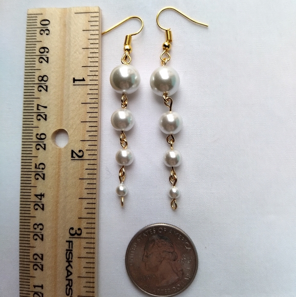 White Glass Faux Pearl Descending Four Tier Dangle Hook Linear Earrings Handmade - Picture 4 of 10